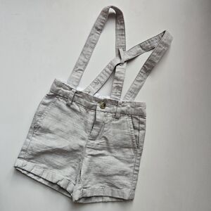 Janie and Jack Light Gray Cotton Linen Shorts with Suspenders 12-18M